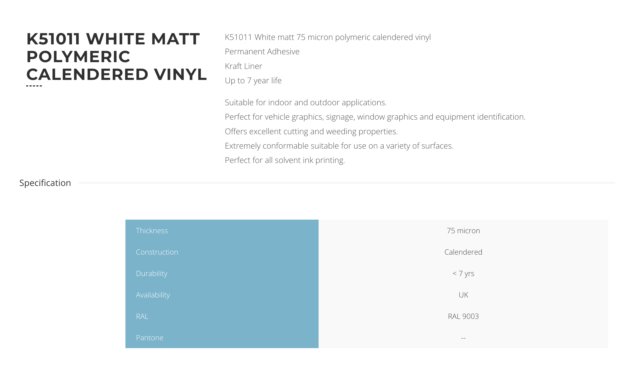 KPMF K51011 Matt White Skärvinyl 122cm