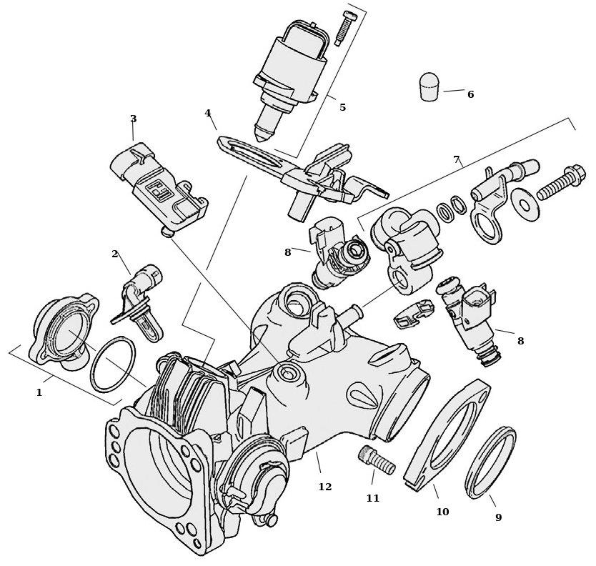 Sprängskiss: Sprängskiss gasspjällshus Delphi Twin Cam 01–17 och Sportster 07–22