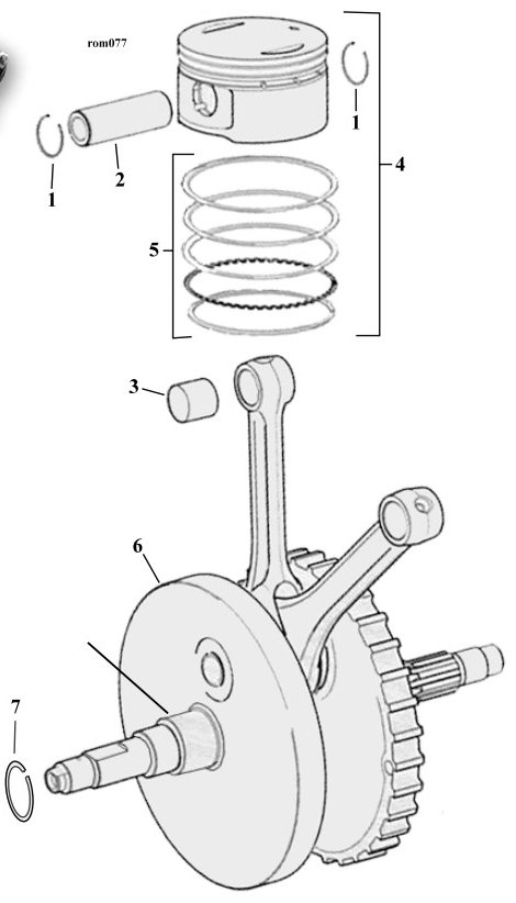 Sprängskiss: Sprängskiss kolv och vevparti Twin Cam 99–17
