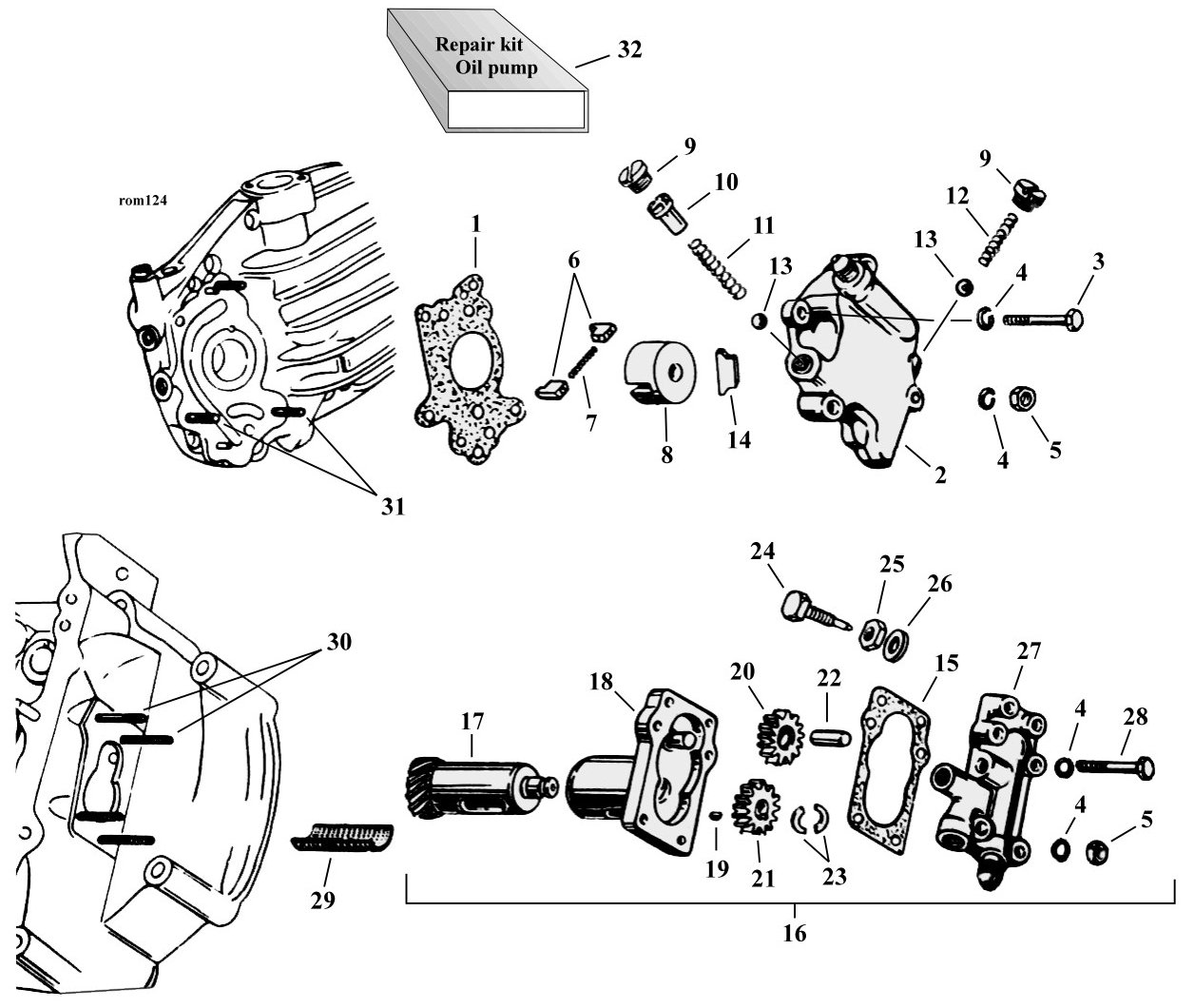 Sprängskiss: Sprängskiss oljepump 45" Flathead 37–73