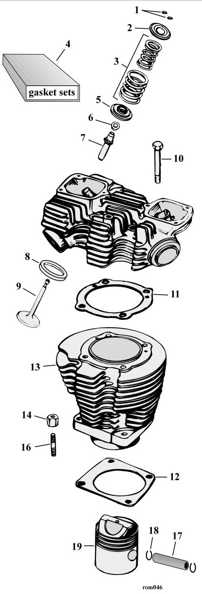 Sprängskiss: Sprängskiss topplock och cylinder Ironhead XL Sportster 1957–1985