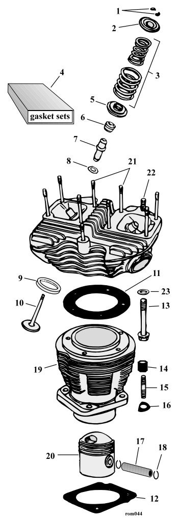 Sprängskiss: Sprängskiss topplock och cylinder Shovelhead 66–84