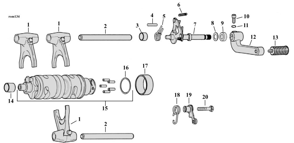 Sprängskiss: Sprängskiss växelförare 5-växlad Sportster XL 04–22