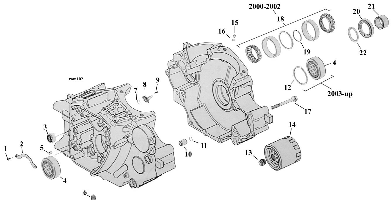 Sprängskiss: Sprängskiss vevhus Twin Cam B 00–17