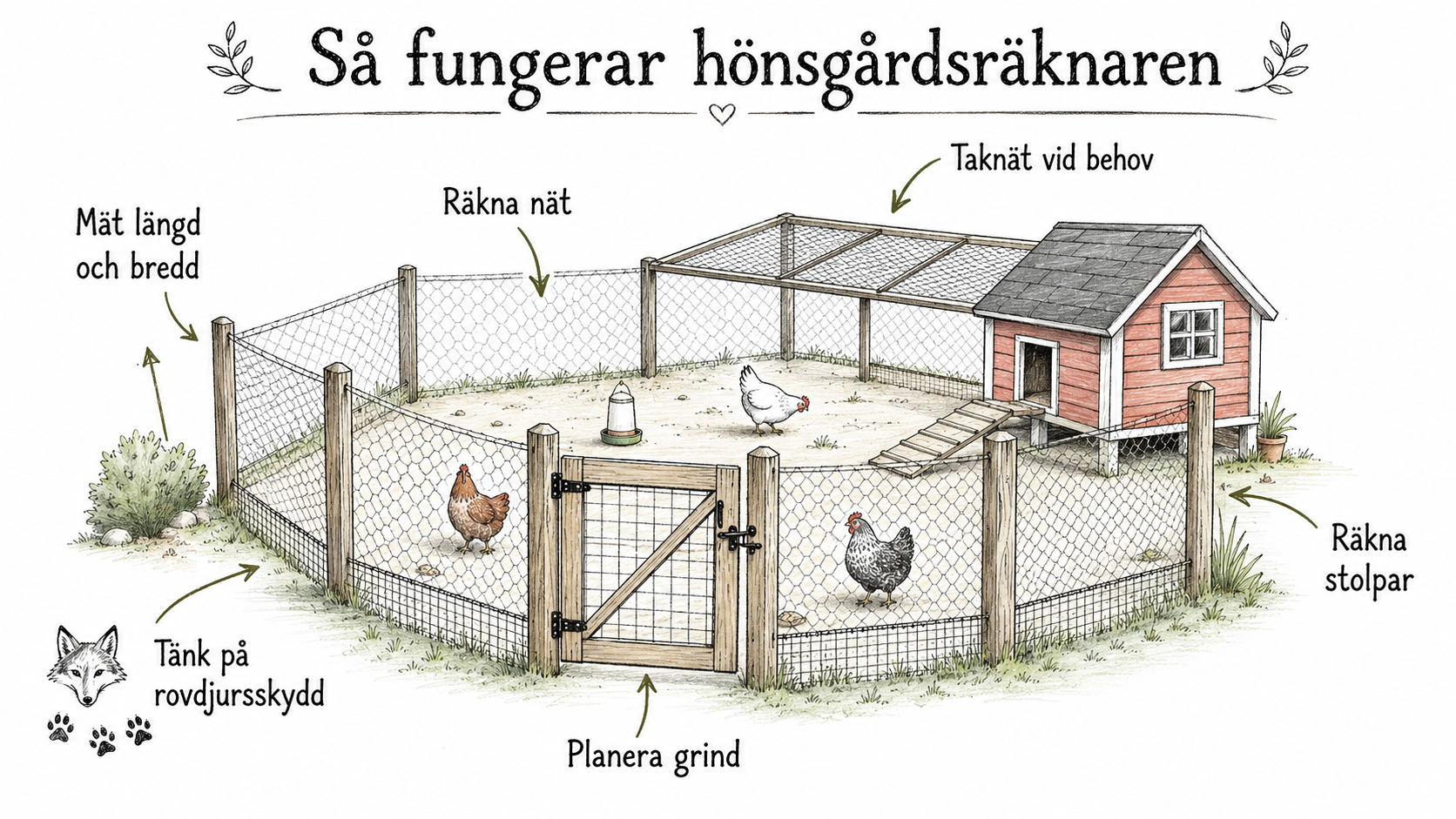 Sketch över hönsgård med förklaring över delar