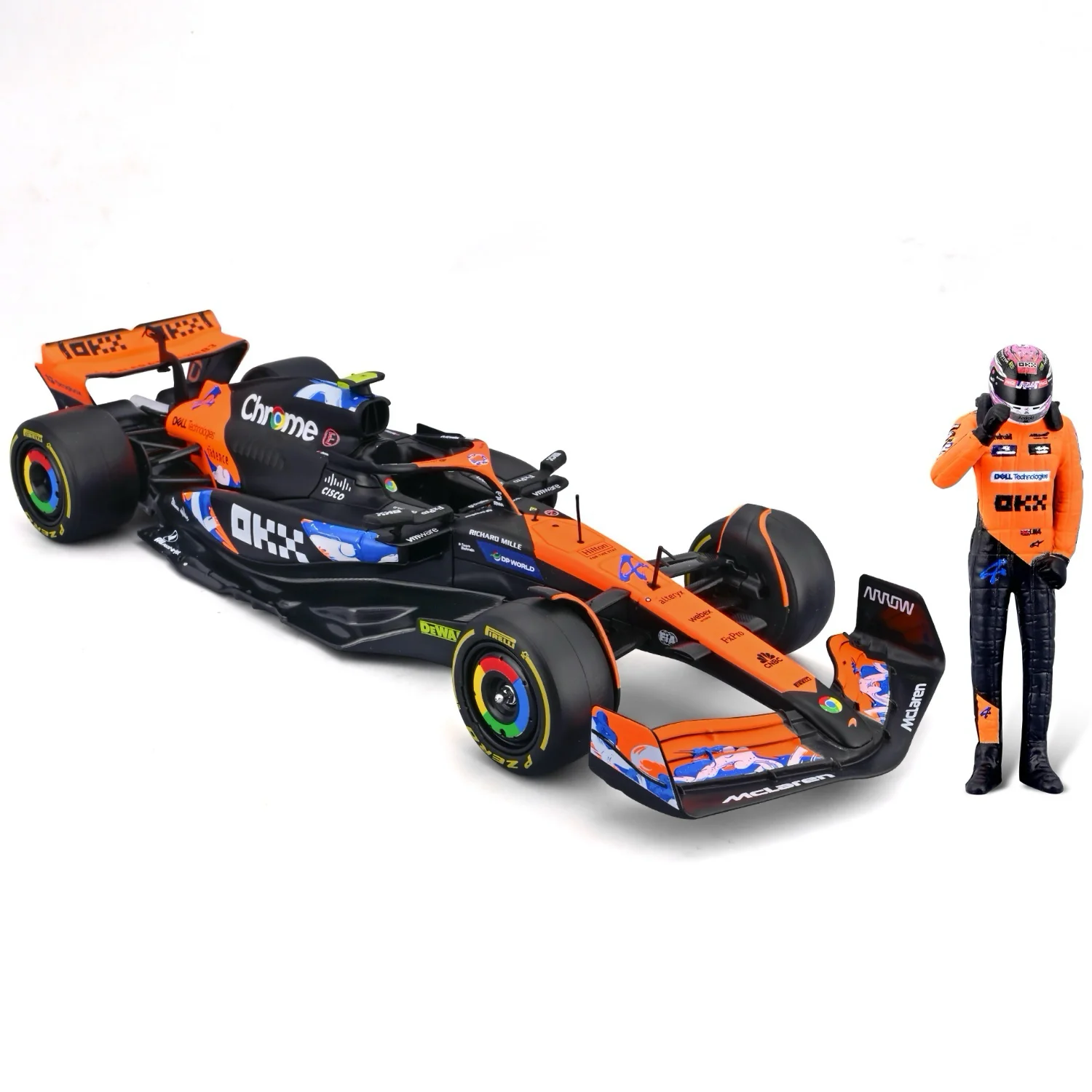 McLaren MCL38 - Bil och Oscar Piastri samlarfigur - Bburago - 1:24