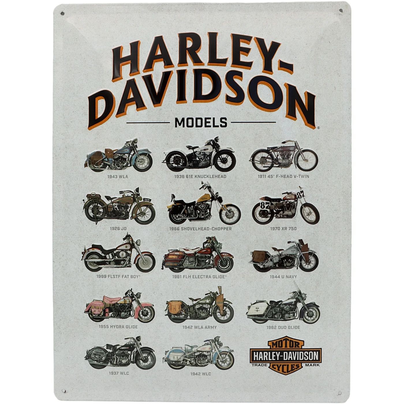 Harley-Davidson – Models – 14 cyklar – Plåtskylt – 30×40 cm