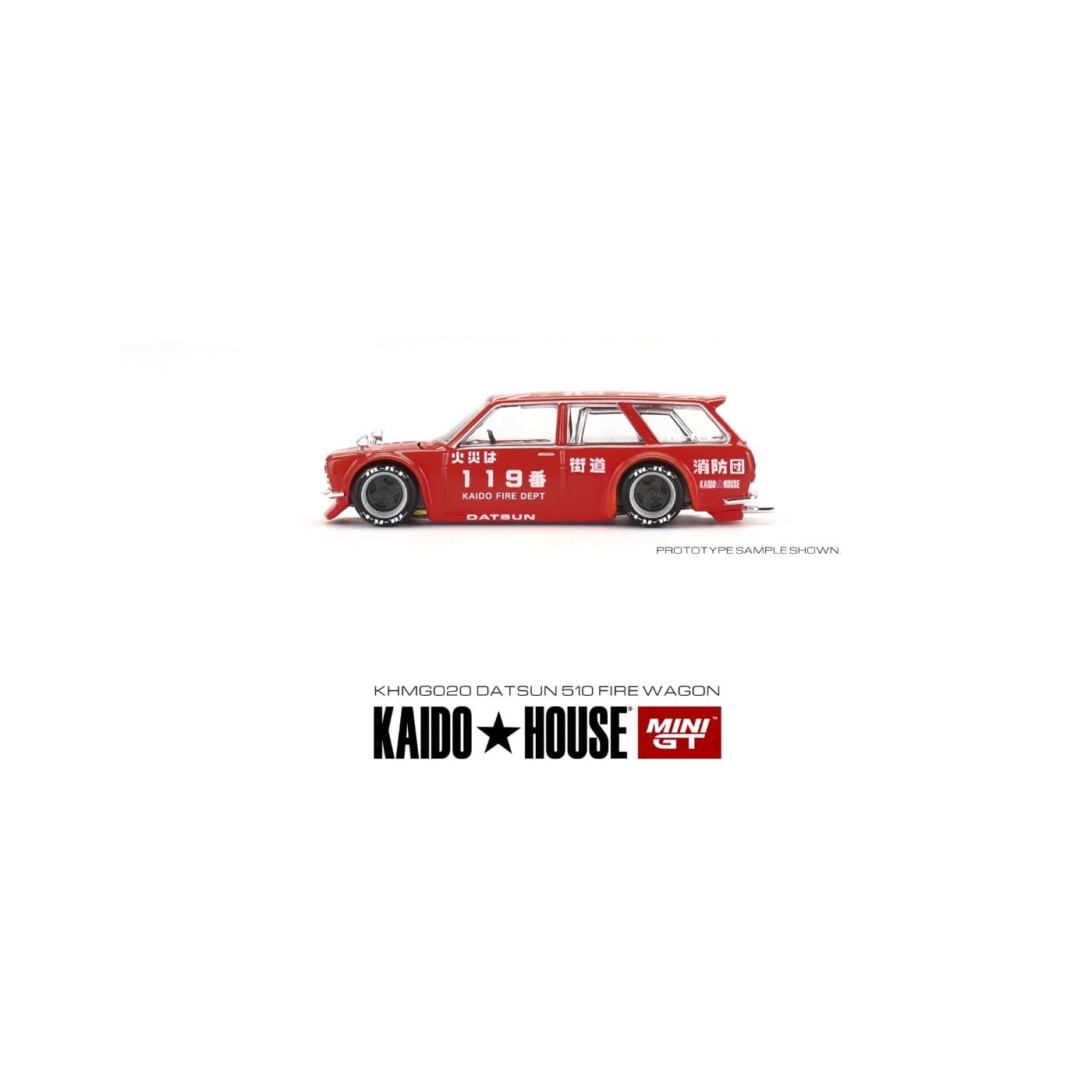 Datsun KAIDO 510 Wagon Fire V1 – Röd – Mini GT – 1:64