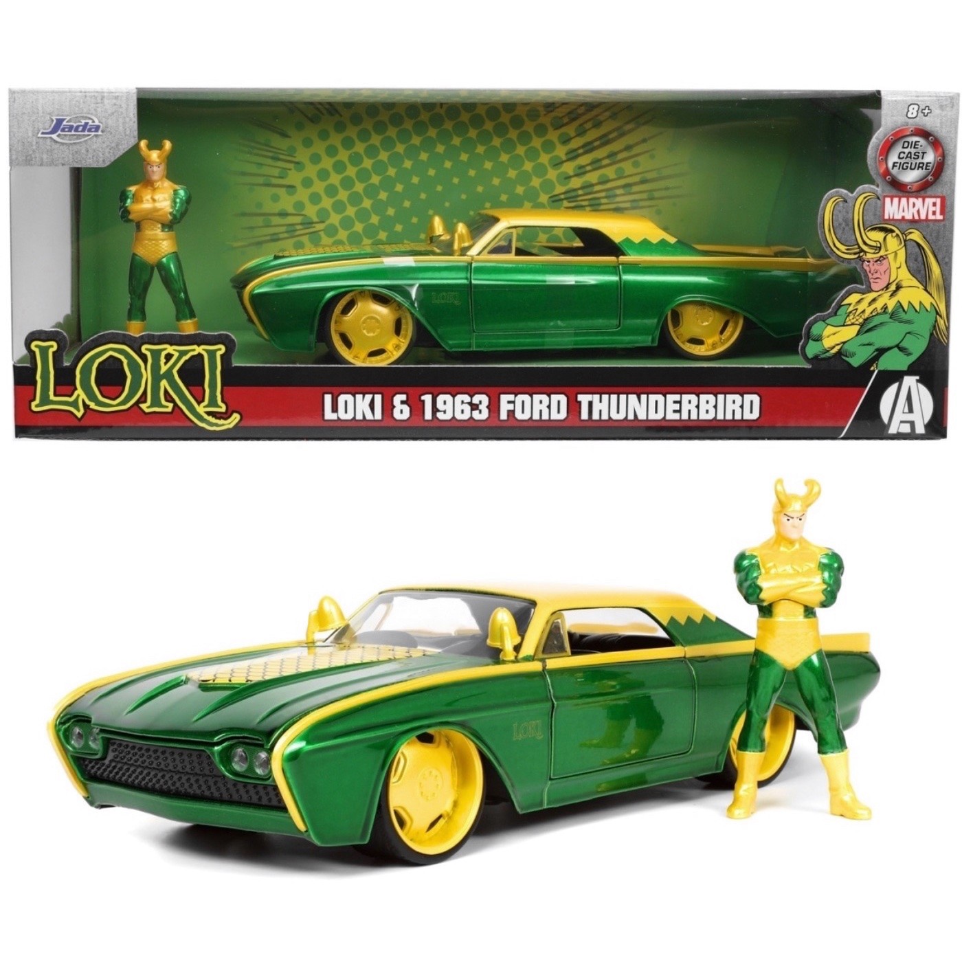 Loki &amp 1963 Ford Thunderbird – Grön – Marvel – Jada – 1:24