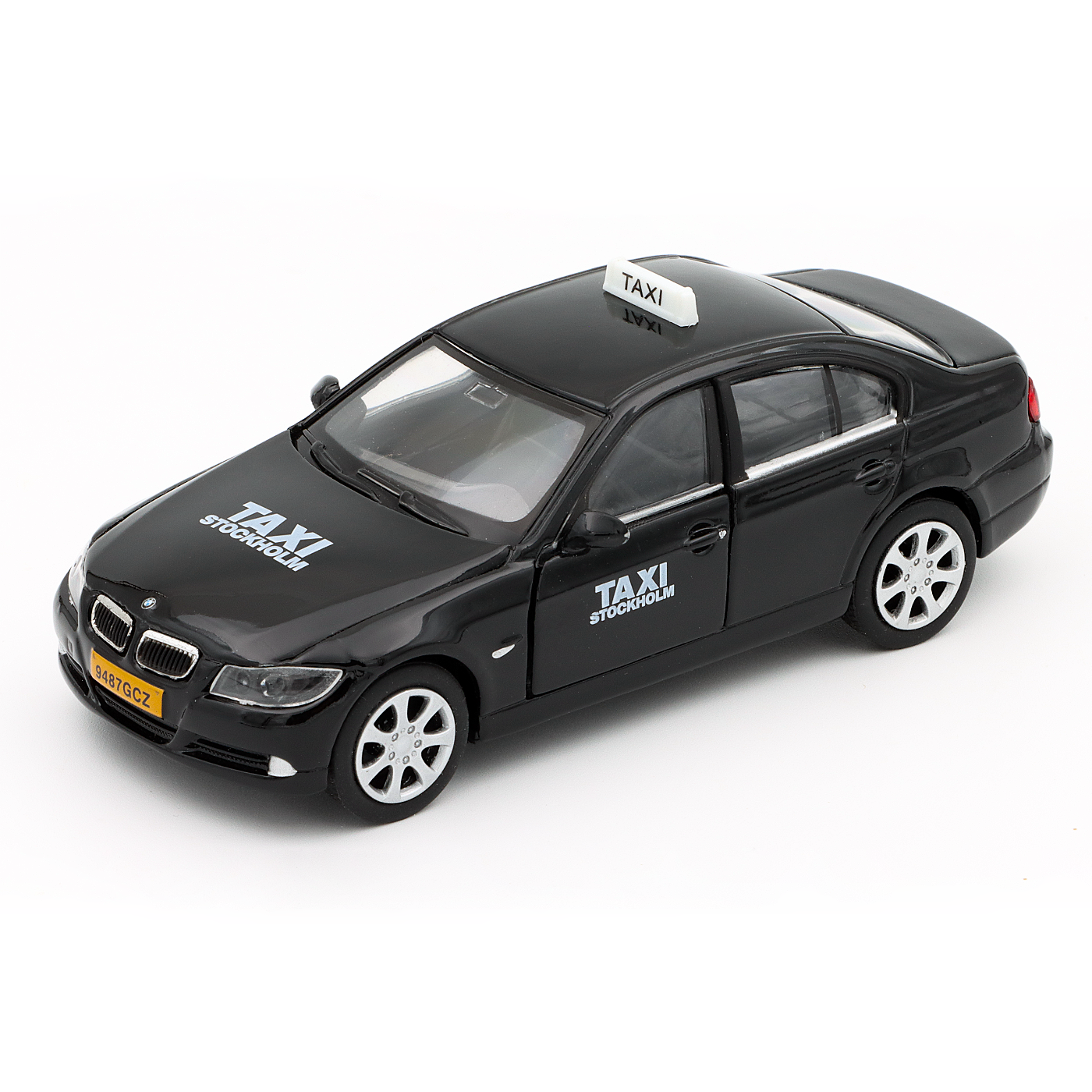 SKADAD FÖRPACKNING - BMW 318i - Taxi Stockholm - Welly - 1:38 - 12 cm