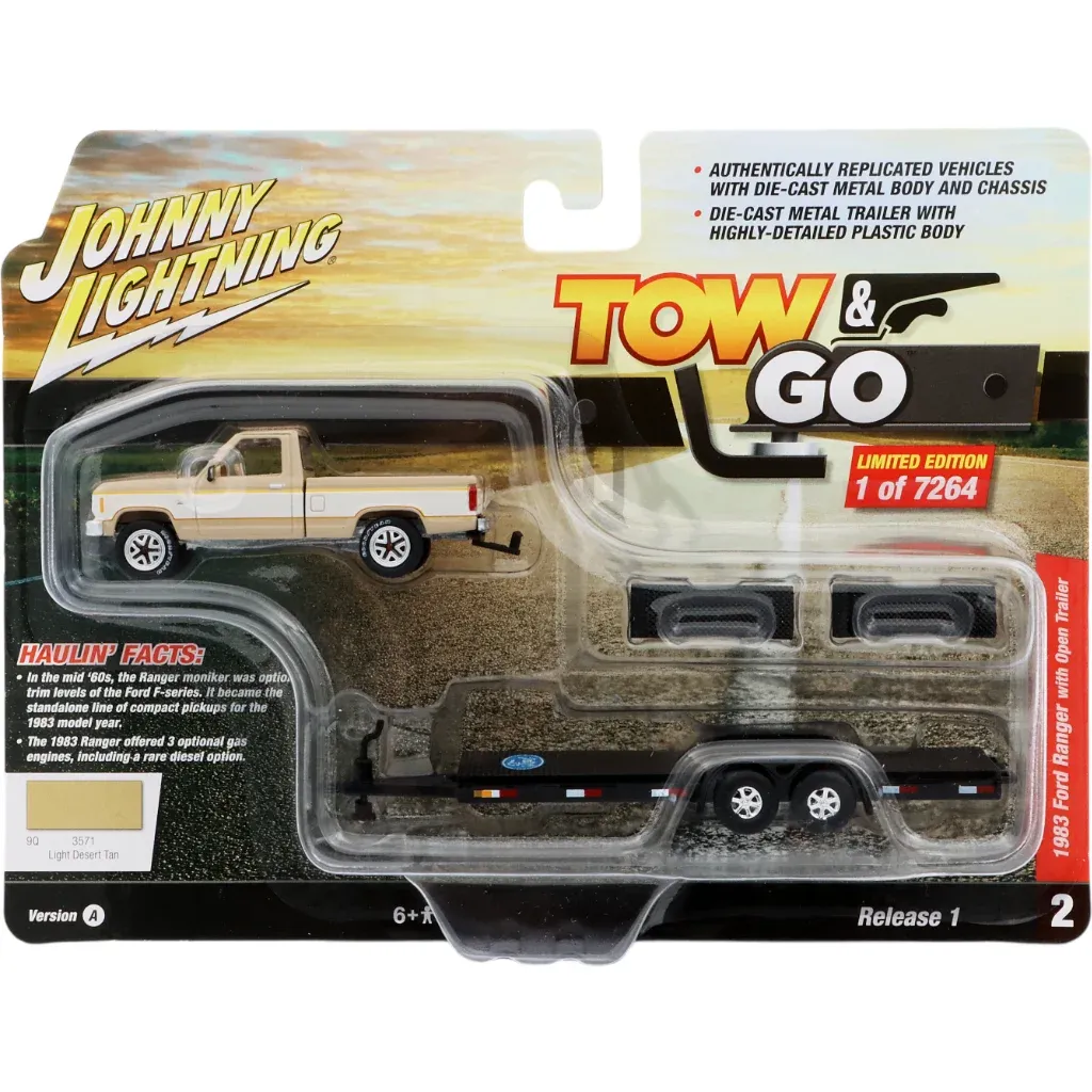 SKADAD FÖRPACKNING – 1983 Ford Ranger with Open Trailer – Johnny Lightning – 1:64