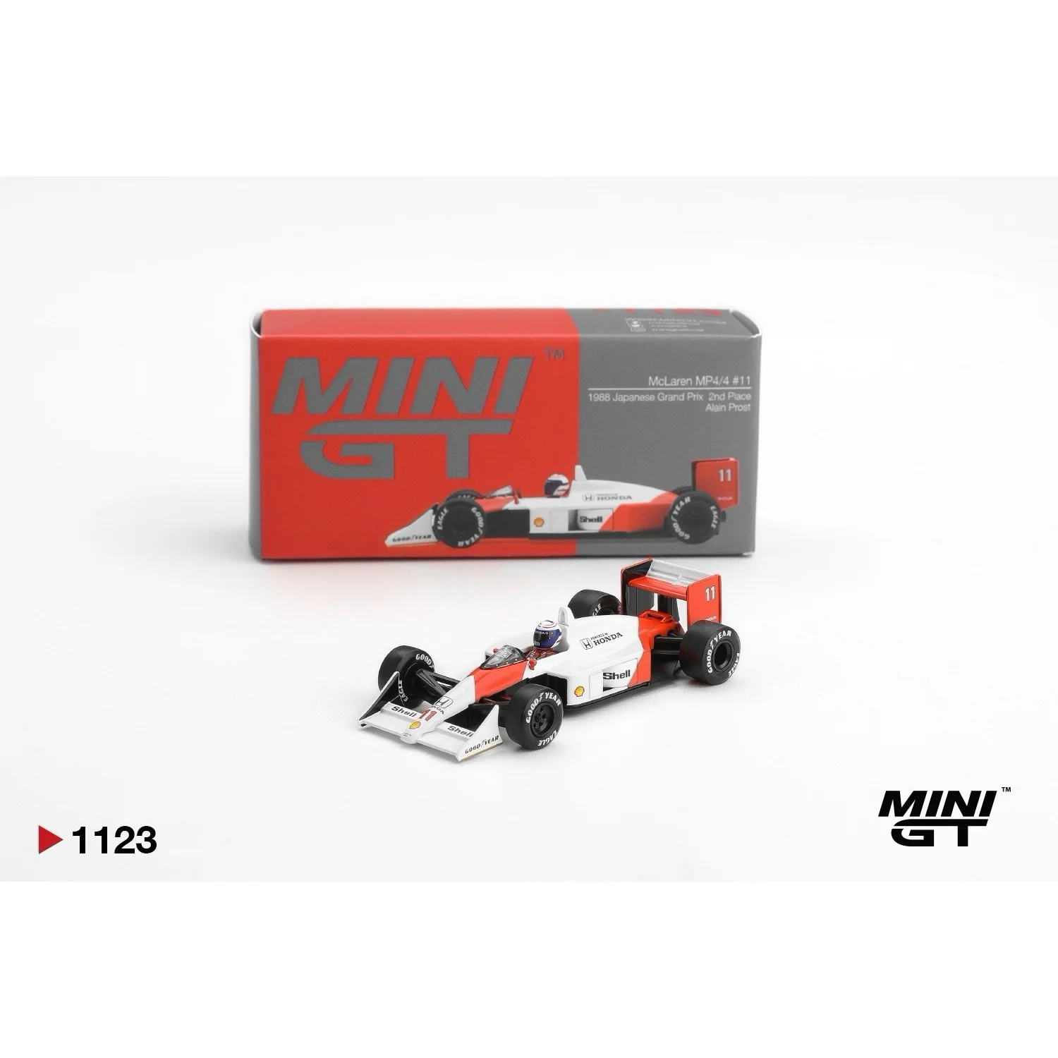 McLaren MP4/4 #11 Alain Prost 1988 Japanese Grand Prix 2nd Place - Vit / Röd - 1123 - Mini GT - 1:64